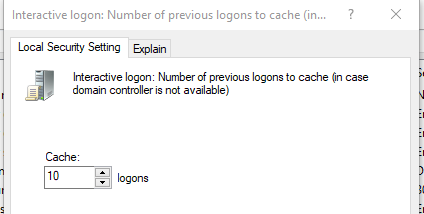 Local Security Setting dialog box with drop-down to limit cache to certain number of logons