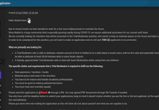 Nulled forum administrator’s post calling for new trials moderators