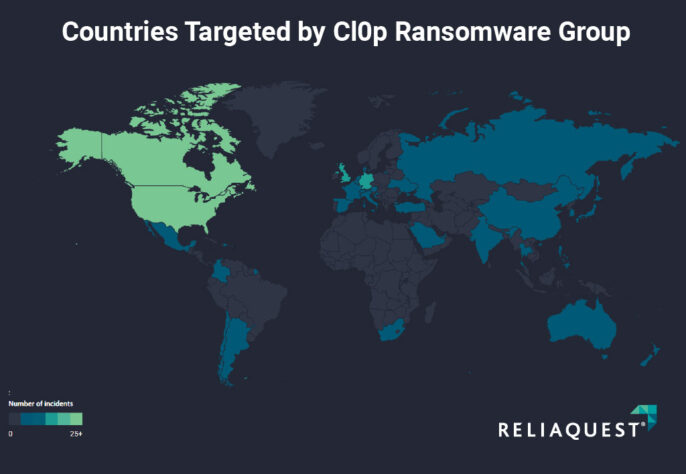 Clop's victims shown by country on ReliaQuest's GreyMatter platform