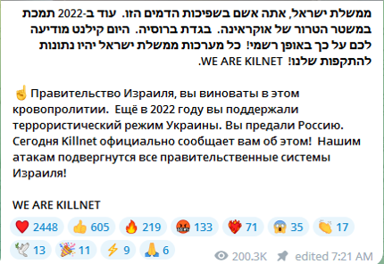 A post in the Killnet Telegram channel expressing support for Hamas