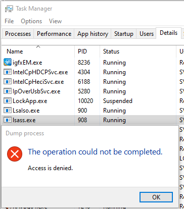 Screenshot showing "Access denied" window when attempting to access lsaas.exe via the task manager