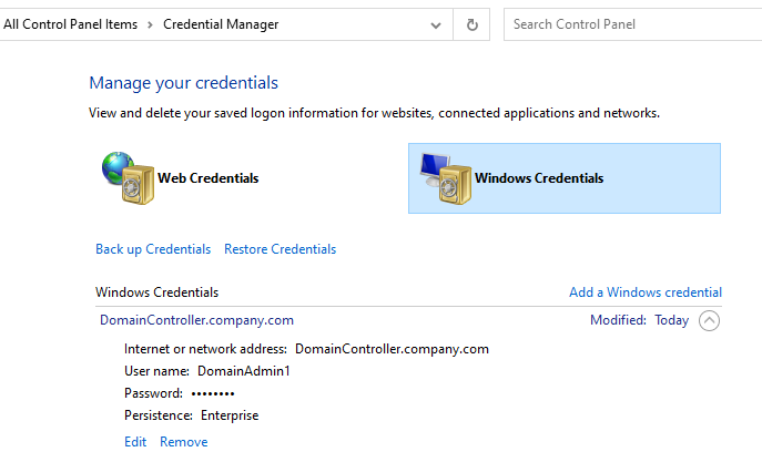 Screenshot of Windows Credential Manager
