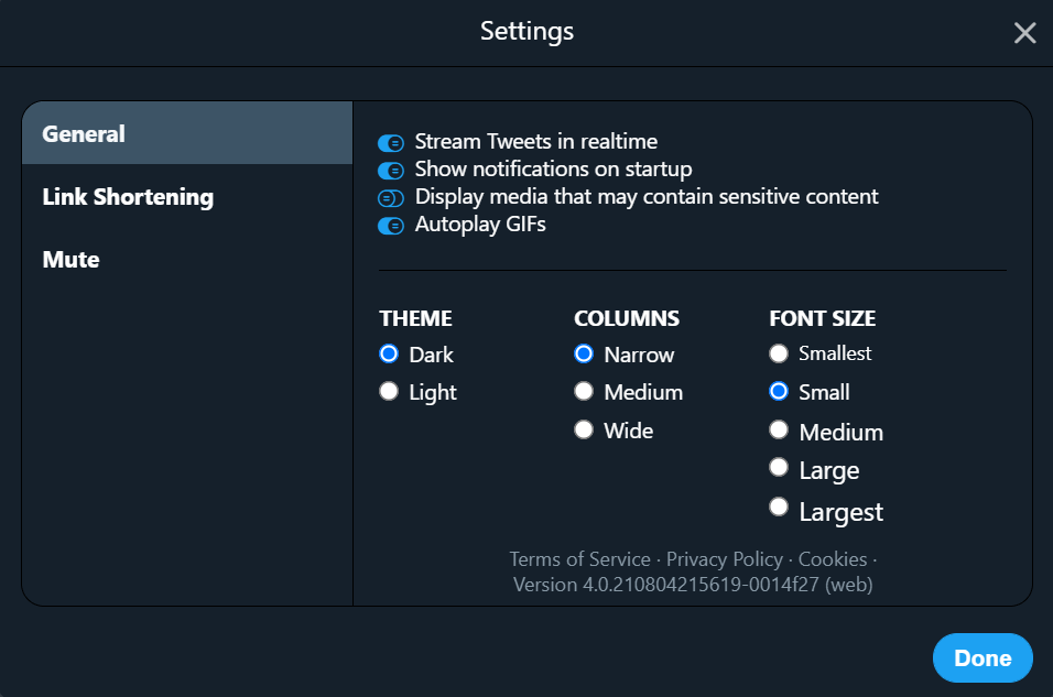 TweetDeck general settings showing visual and interactive options