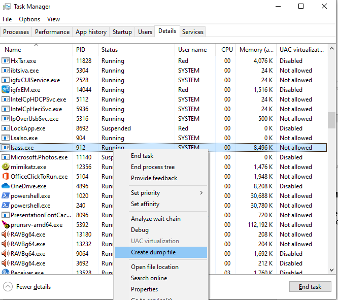A screenshot of task manager showing the lsaas.exe process task menu item "Create dump file"