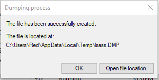 Notification window confirming creation of an LSAAS dump file