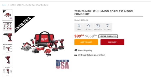 A screenshot showing an impersonating site selling a set of tools for $99, reduced from $659