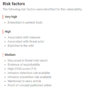 A table showing very high, high, and medium risk factors associated with CVE-2021-44228